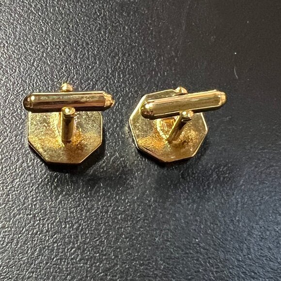 Vintage Mens Cufflinks Octagon Gold Tone Black Clear Center Stone - Picture 6 of 6
